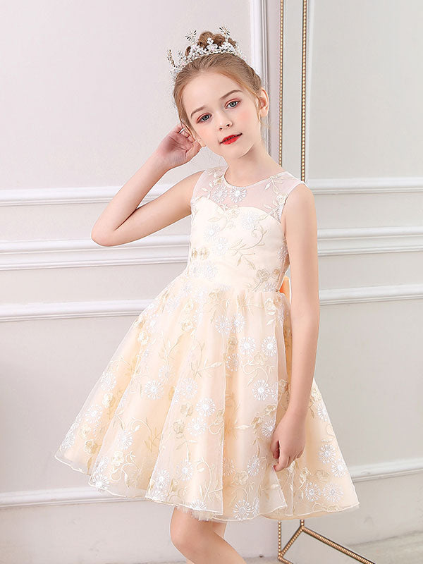Champagne Color Jewel Neck Sleeveless Bows Kids Social Party Dresses