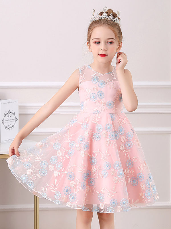 Champagne Color Jewel Neck Sleeveless Bows Kids Social Party Dresses