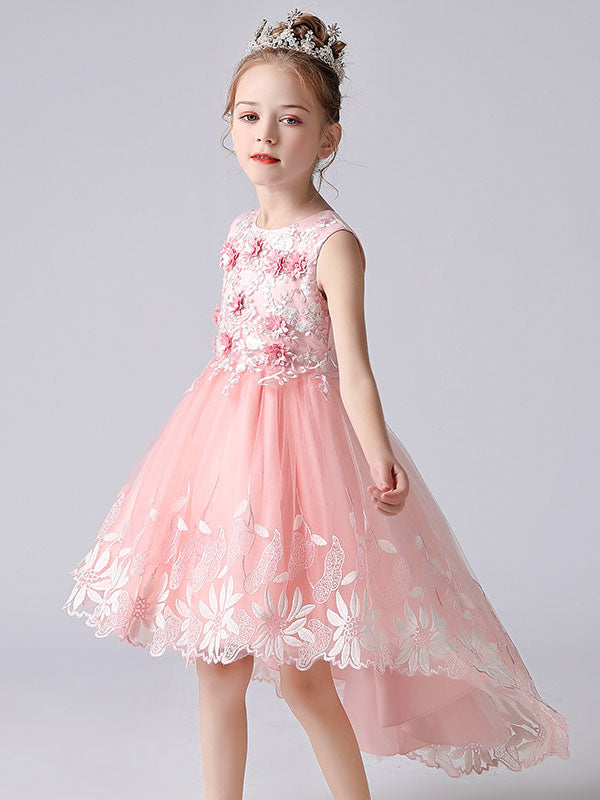 Champagne Color Jewel Neck Sleeveless Flowers Kids Party Dresses Princess Dress
