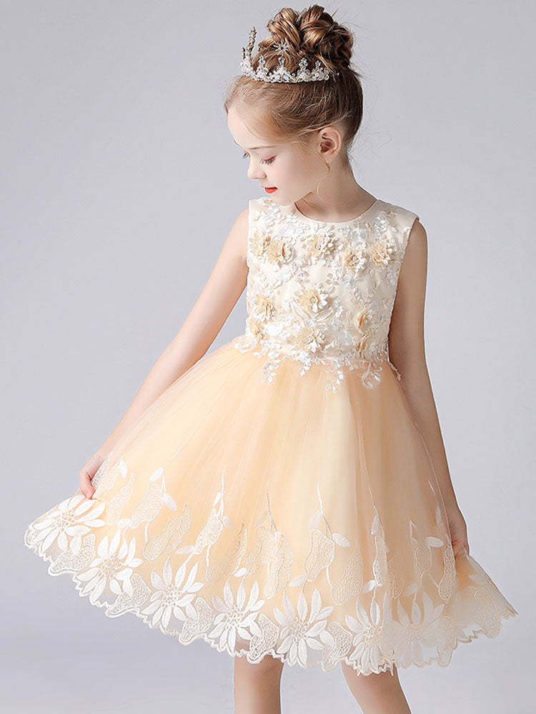 Champagne Color Jewel Neck Sleeveless Short Princess Lace Flowers Formal Kids Pageant flower girl dresses