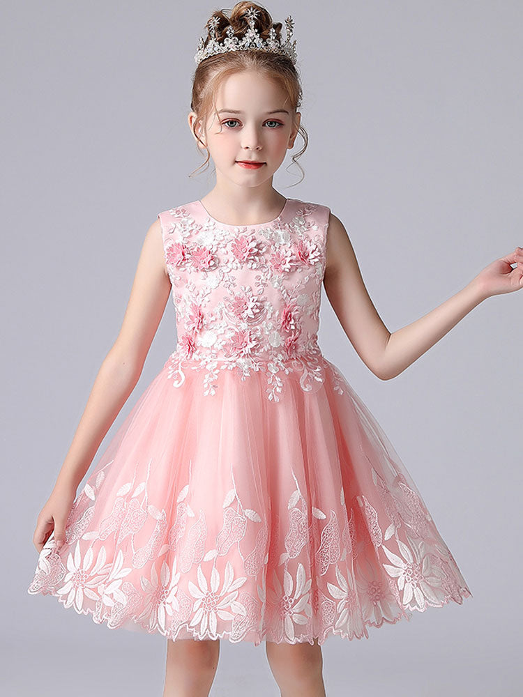 Champagne Color Jewel Neck Sleeveless Short Princess Lace Flowers Formal Kids Pageant flower girl dresses
