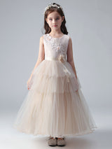 Champagne Color Jewel Neck Tulle Sleeveless Ankle-Length Princess Dress Formal Kids Pageant flower girl dresses