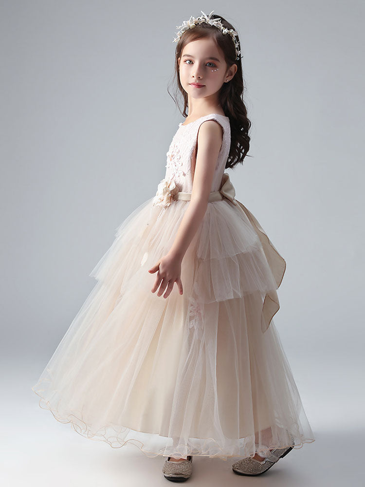Champagne Color Jewel Neck Tulle Sleeveless Ankle-Length Princess Dress Formal Kids Pageant flower girl dresses