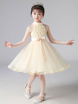 Champagne Designed Neckline Sleeveless Polyester Cotton Tulle Embroidered Formal Kids Pageant flower girl dresses