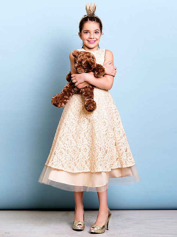Champagne Golden Jewel Neck Sleeveless A-line Lace Kids Party Dresses