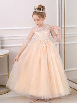 Champagne Jewel Neck Polyester Half Sleeves Ankle-Length A-Line Flowers Kids Party Dresses