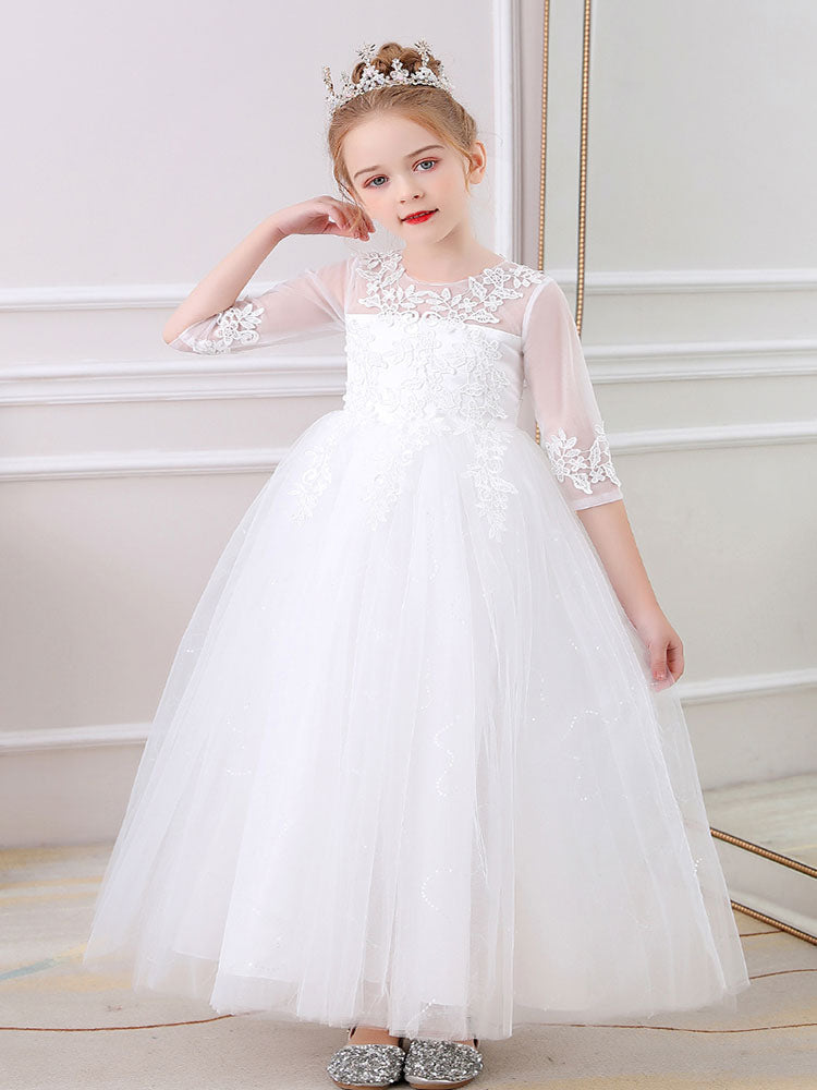 Champagne Jewel Neck Polyester Half Sleeves Ankle-Length A-Line Flowers Kids Party Dresses