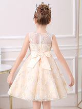 Champagne Jewel Neck Short Sleeves Embroidered Formal Kids Pageant flower girl dresses