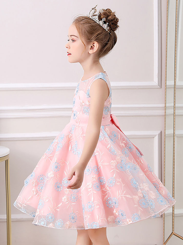 Champagne Jewel Neck Short Sleeves Embroidered Formal Kids Pageant flower girl dresses
