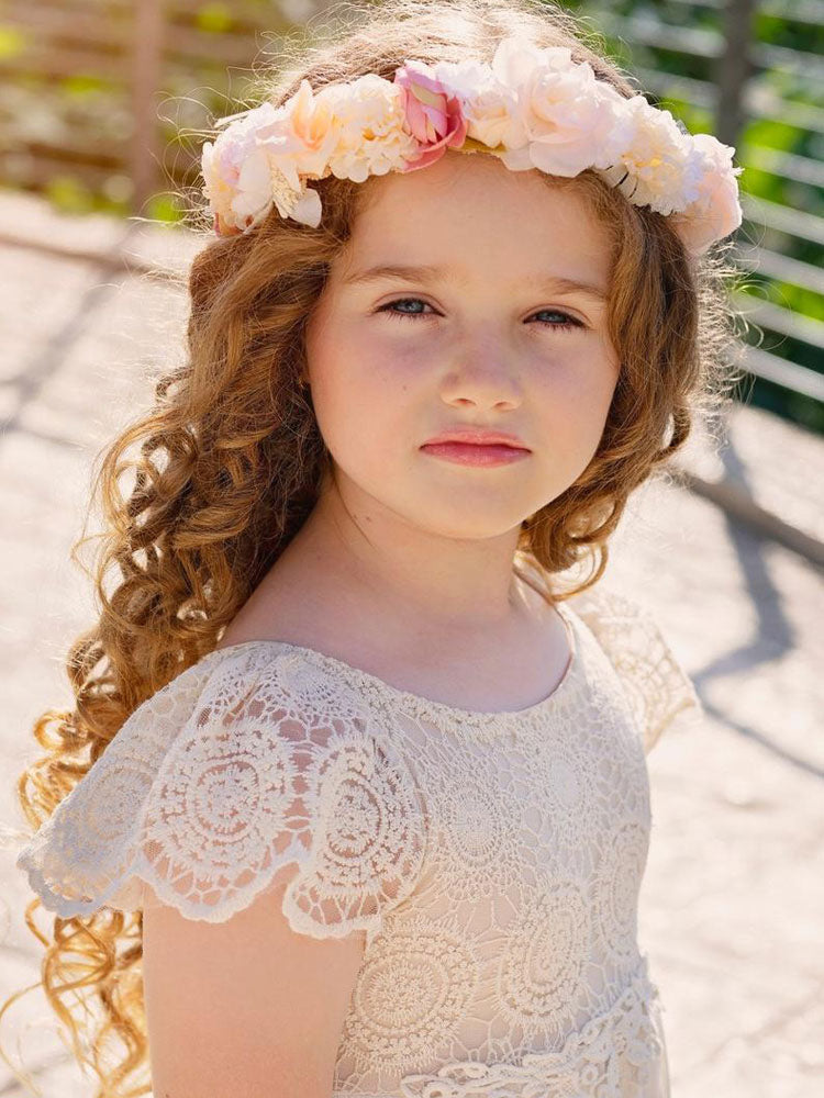 Champagne Jewel Neck Short Sleeves Lace Formal Kids Pageant flower girl dresses