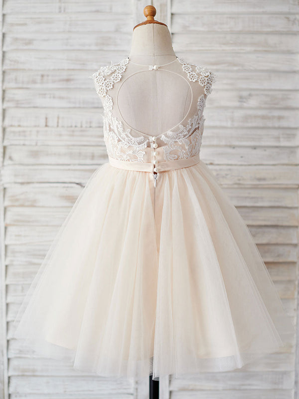Champagne Jewel Neck Sleeveless Pearls Kids Party Dresses