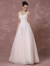Champagne Lace Wedding Dress Sexy Backless Bridal Gown Long A-Line Beading Luxury Bridal Dress
