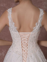 Champagne Lace Wedding Dress Sexy Backless Bridal Gown Long A-Line Beading Luxury Bridal Dress