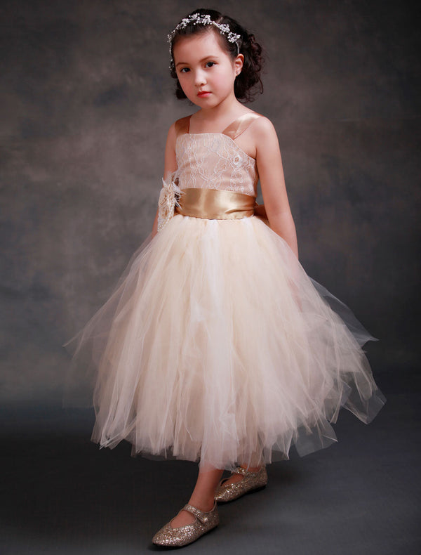 Champagne Princess Lace Straps Flower Sash Tulle Tea Length Toddler'S Tutu Dress