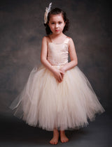 Champagne Princess Lace Straps Flower Sash Tulle Tea Length Toddler'S Tutu Dress