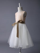 Champagne Sequin Tulle Pageant Dress A-line Short Dinner Dress With Bow Sash