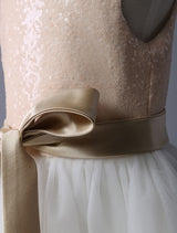 Champagne Sequin Tulle Pageant Dress A-line Short Dinner Dress With Bow Sash