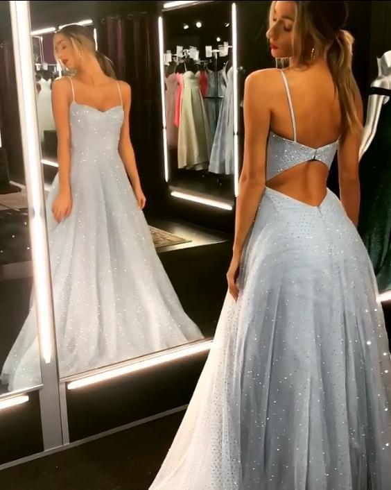 Charming Backless Dress Tulle Long Prom Dress Long Evening Gowns