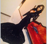Charming Black Sequins Long Sleeves Deep-V-Neck Alluring Prom Dresses