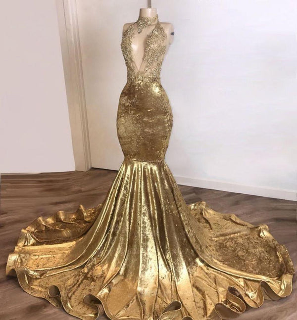 Charming Champagne Gold Sexy Deep V-Neck Court Train Mermaid Prom Dresses