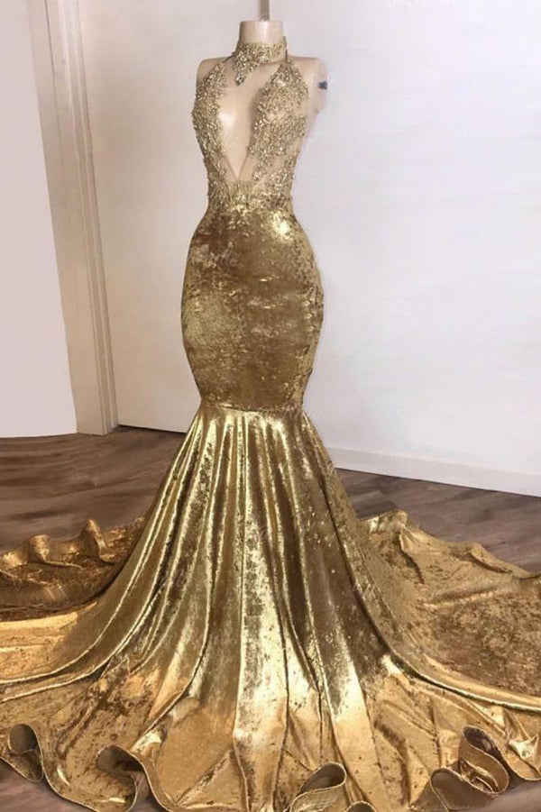 Charming Champagne Gold Sexy Deep V-Neck Court Train Mermaid Prom Dresses