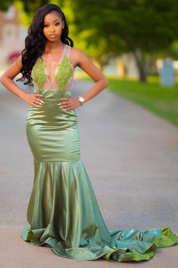 Charming Green Appliques Mermaid Prom Evening Maxi Dress Floor-Length Sweep Train Dress