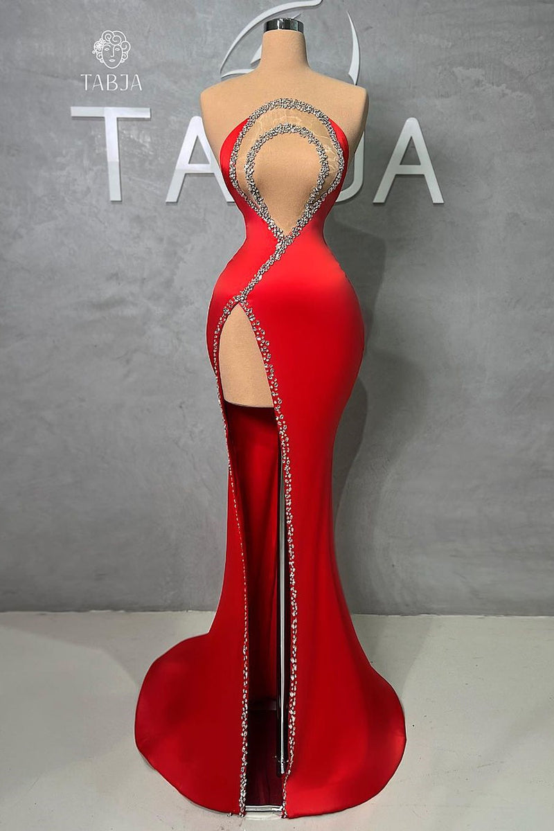 Charming Long Red Mermaid Beading Sleeveless Evening Party Gowns Long Slit Online