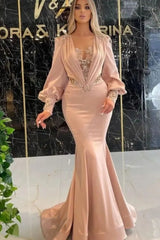 Charming Long Sleeves Mermaid Evening Party Gowns with Appliques