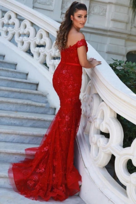 Charming Red Off-the-shoulder Mermaid Long Prom Dresses with Glitter