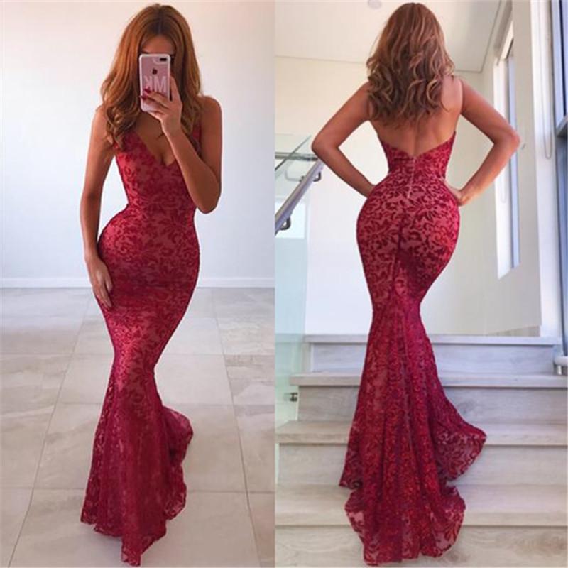 Chic Backless Mermaid Prom Dresses Long Red Sleeveless V-Neck Evening Party Gowns
