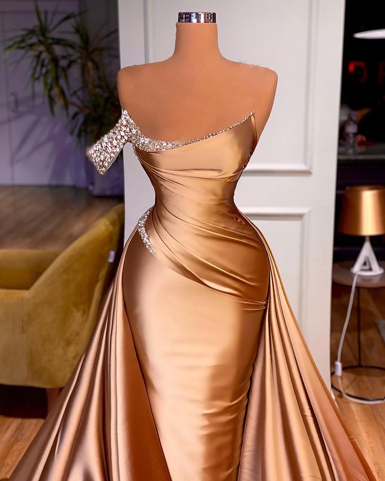 Chic Beaded Mermaid Prom Dress With Court Train One Shoulder