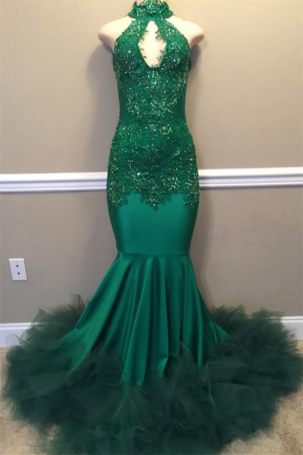 Chic Beads Appliques Halter Prom Dresses Fit and Flare Sleeveless Tulle Evening Gowns