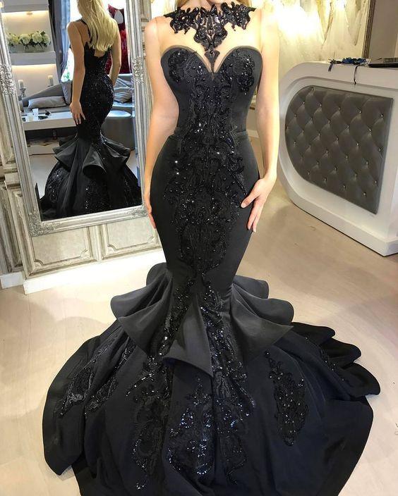 Chic Black Mermaid Formal DressesLong Sequins Ruffles Party Gowns
