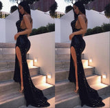 Chic Black Sequins Backless Party Gown Long Split Formal Dresses