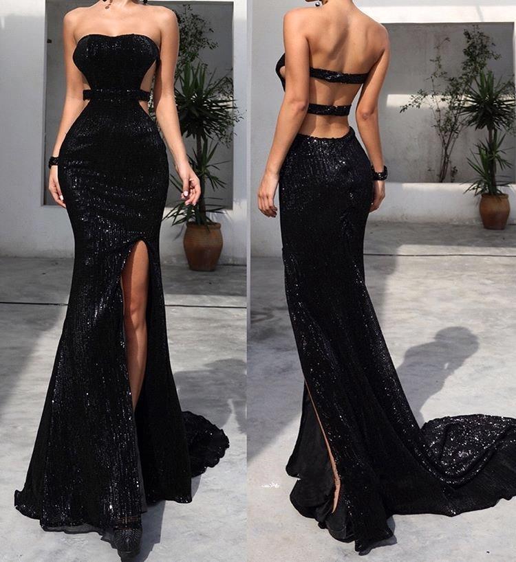 Chic Black Tube Top Sequins Long Prom Dress With Split White Open Back Party Gowns