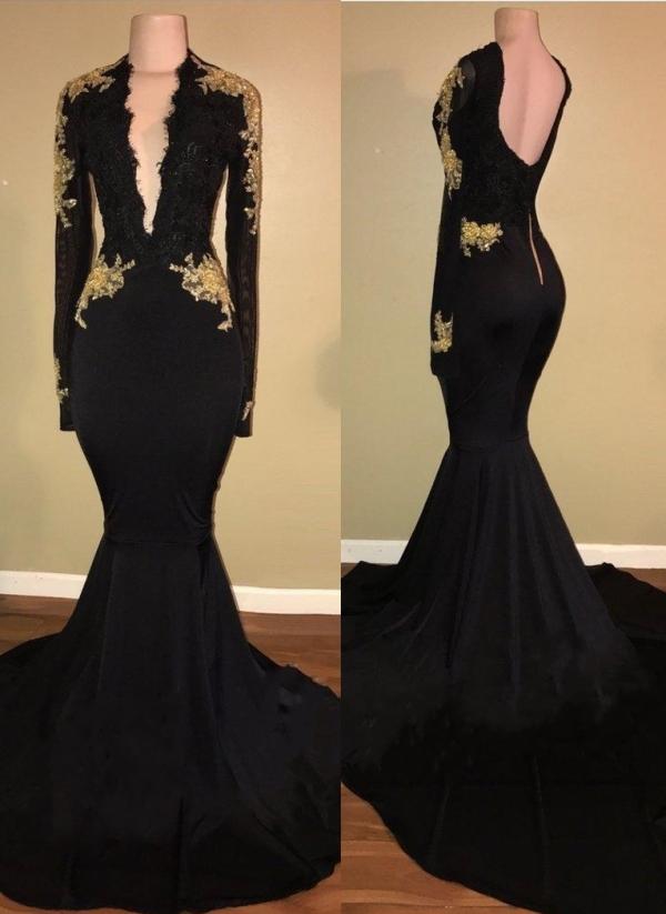 Chic Black and Gold Prom Dresses Sexy Deep V-Neck Long Sleeves Evening Gowns