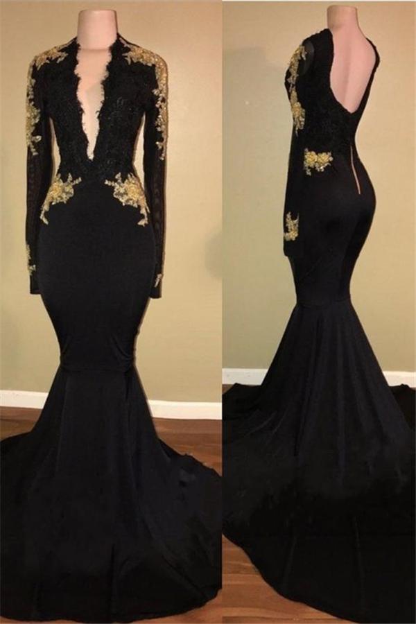 Chic Black and Gold Prom Dresses Sexy Deep V-Neck Long Sleeves Evening Gowns