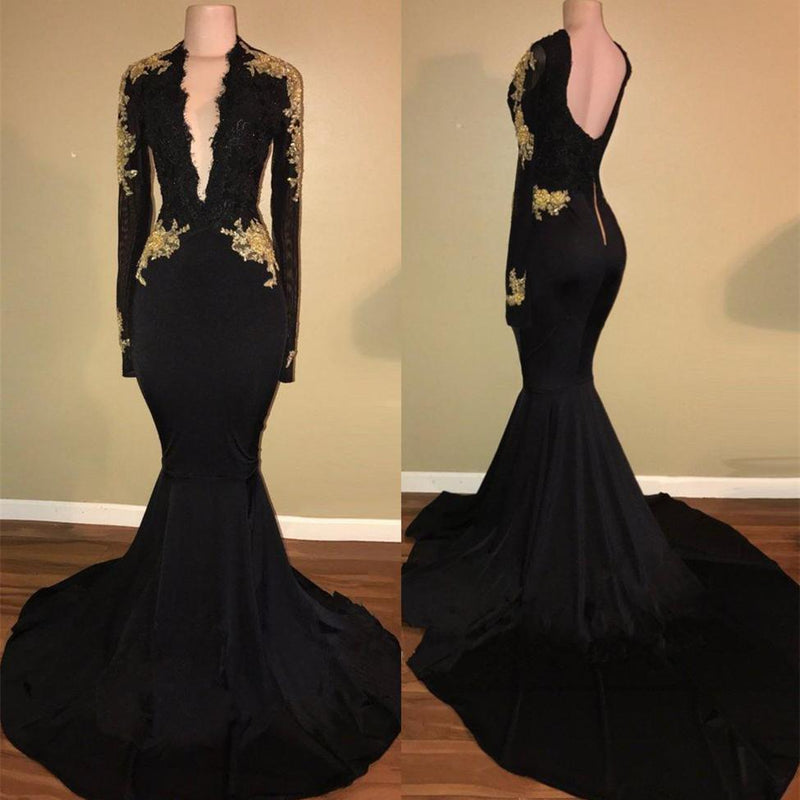 Chic Black prom dress Mermaid Long Sleevess Evening Party Gowns