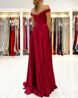 Chic Burgundy Evening Gowns Off-the-Shoulder Prom Dress Long With Split