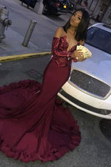 Chic Burgundy Evening Gowns Sequins Mermaid Prom Dresses Long Sleeves Evening Dresses Online
