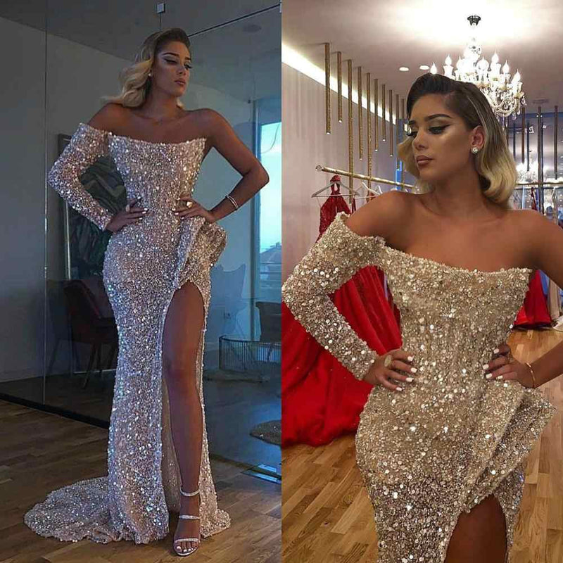 Chic Crystal Beading One Shoulder Strapless Slit Mermaid Sequins Prom Gowns