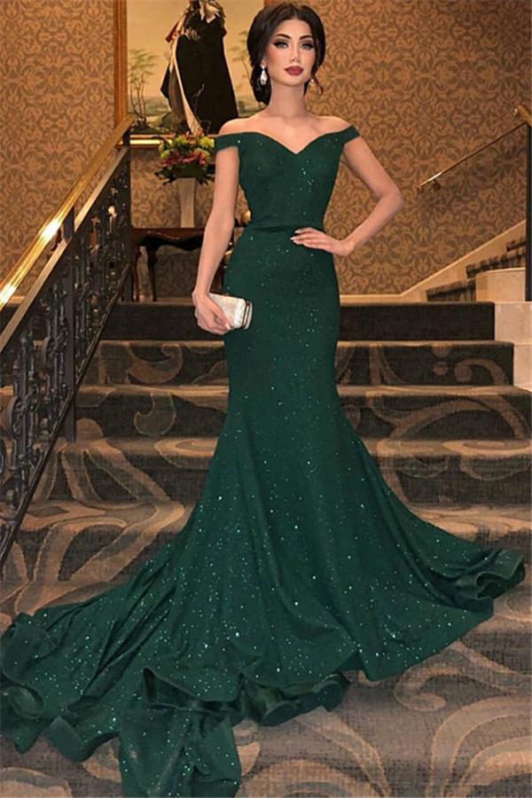 Chic Dark Green Mermaid Evening Dresses Chic Off-the-Shoulder Sequins Prom Dresses New Arrival