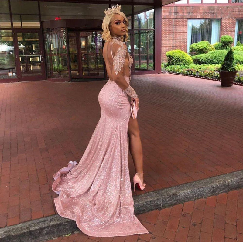 Chic Dusty Pink Long Sleeves Lace Appliques New Arrival High Split Sequins Long Prom Gowns