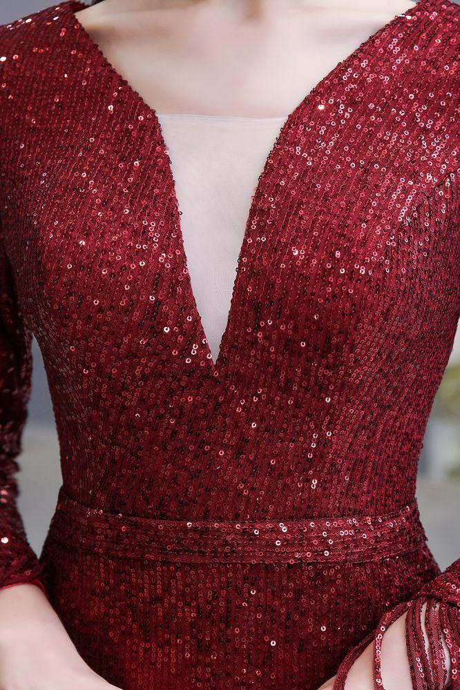 Chic Gorgeous Sequins Burgundy Evening Gowns Long Sleevess V-Neck Mermaid Long Prom Dresses