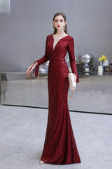 Chic Gorgeous Sequins Burgundy Evening Gowns Long Sleevess V-Neck Mermaid Long Prom Dresses