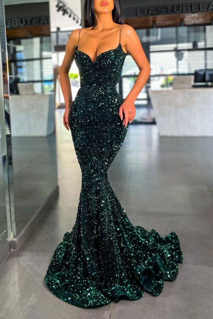 Chic Green Sequins Prom Dress Mermaid Long Ball Dresses Spaghetti-Straps