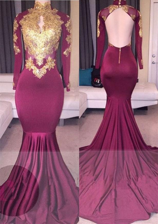 Chic High-Neck Long Sleeves Gold-Appliques Backless Prom Dresses