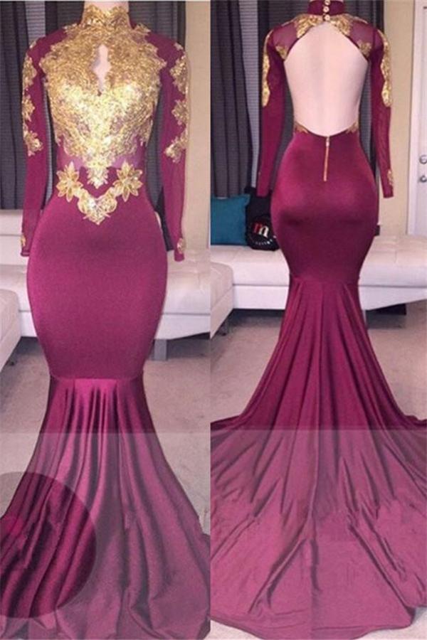 Chic High-Neck Long Sleeves Gold-Appliques Backless Prom Dresses