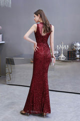Chic Illusion neck Burgundy Evening Gowns Sleeveless Mermaid Formal Dresses