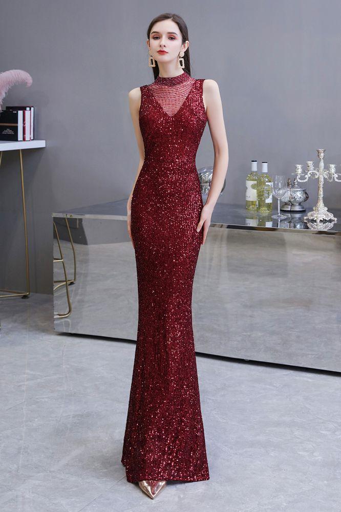 Chic Illusion neck Burgundy Evening Gowns Sleeveless Mermaid Formal Dresses